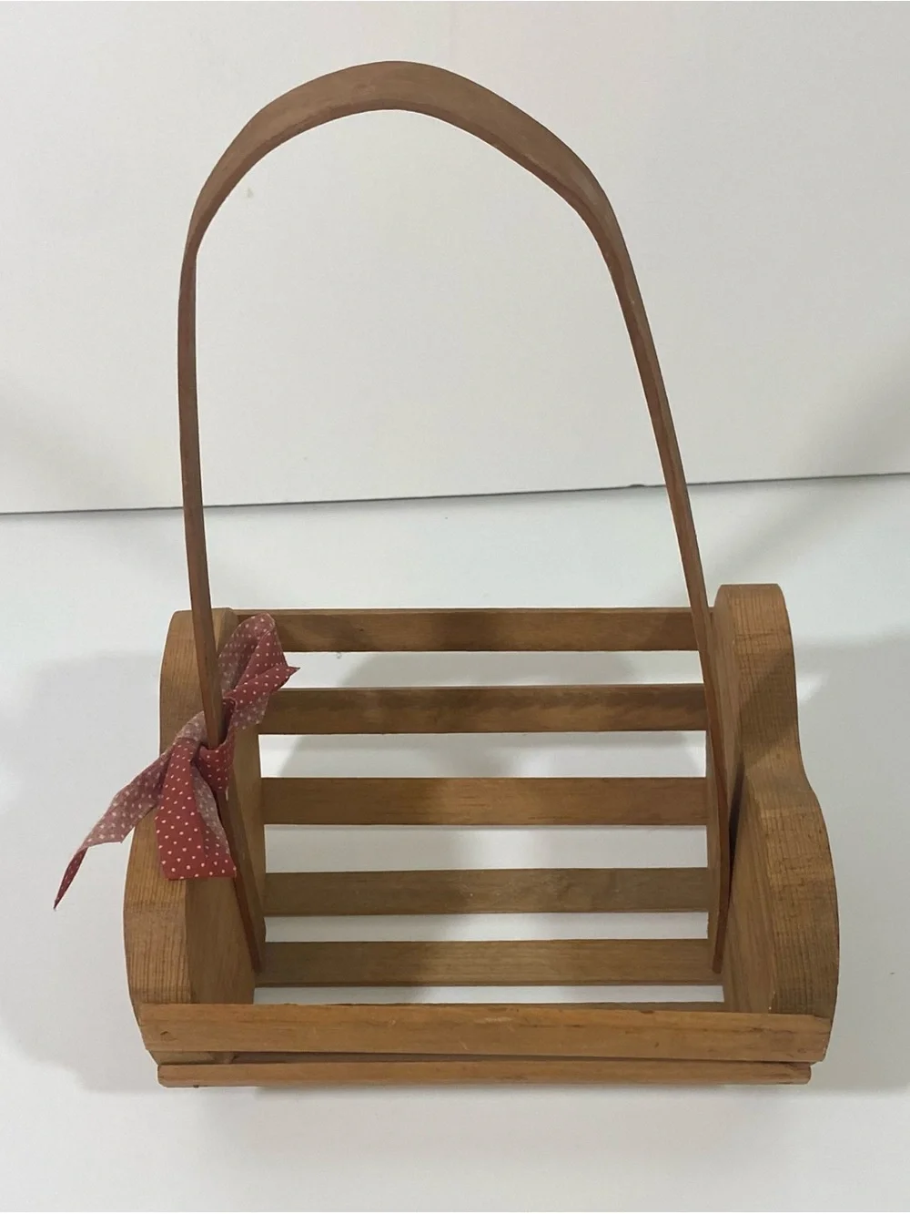 Vintage Brown Wood Handled Decorative Basket with Painted Floral Motif